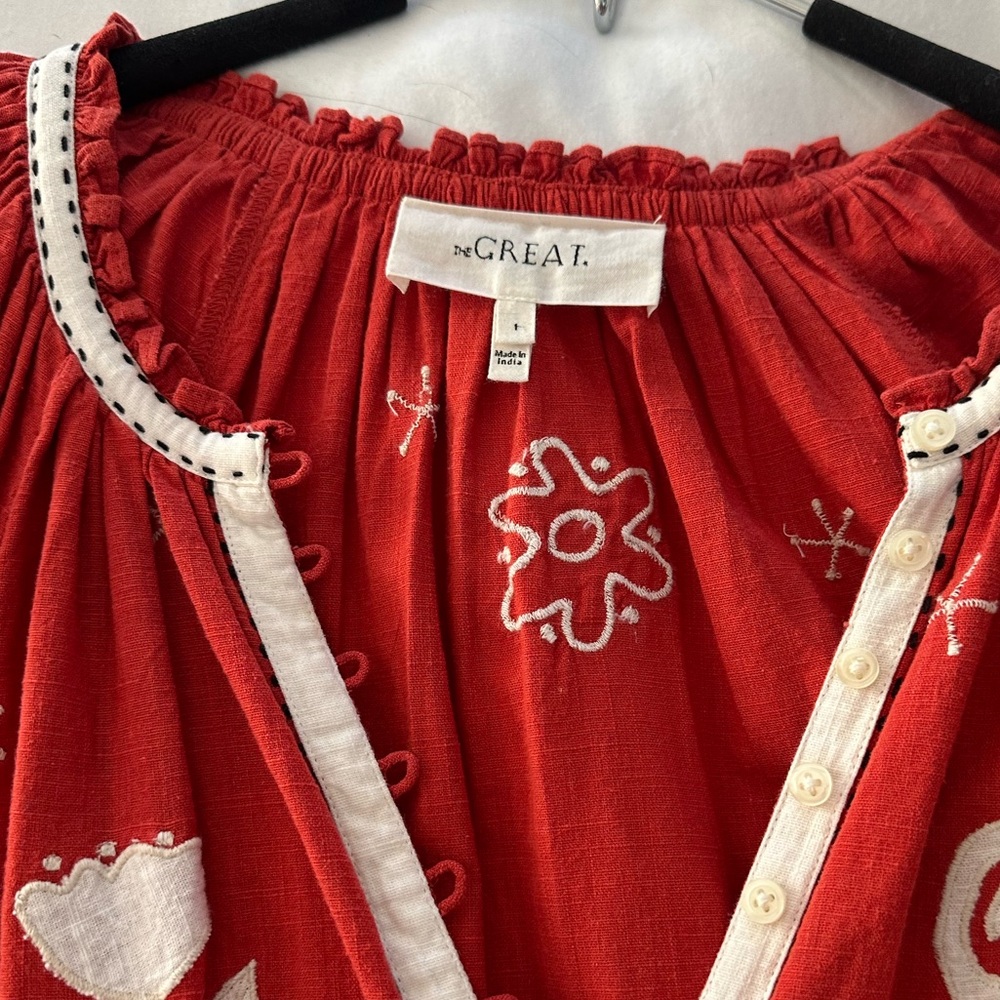 THE GREAT. Red Midi Dress with White Embroidery